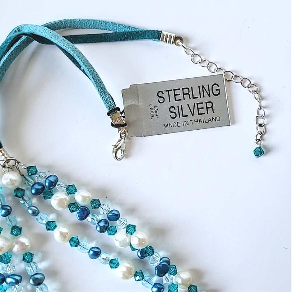 BLUE & WHITE PEARL & AQUA CRYSTAL NECKLACE - TRIPLE STRAND, STERLING CLASP - Picture 5 of 10
